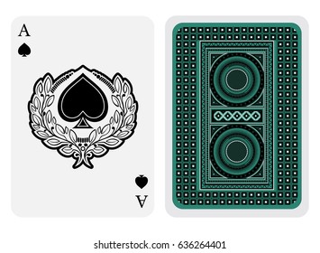 Ace of spades face with spades inside wreath frame and back with green geometrical suit. Vector card template