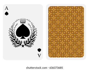 Ace of spades face with spades inside wreath and back gold texture suit. Vector card template isolated