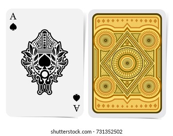 Ace of spades face with spades inside wreath with crown and back with golden brown geometrical pattern suit. Vector card template