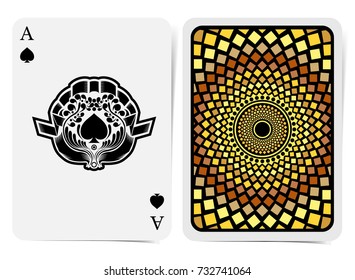 Ace of spades face with spades inside wreath with ribbon and back with golden geometrical pattern from tile suit. Vector card template