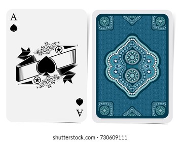 Ace of spades face with spades with ribbon and pattern and back with blue white geometrical texture suit. Vector card template