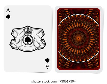 Ace of spades face with spades with ribbons and back with orange red geometrical round pattern suit. Vector card template