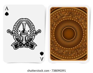 Ace of spades face with warrior helmet inside wreath with ribbon and swords and back with golden tile round pattern suit. Vector card template