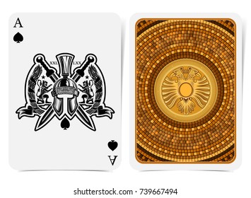 Ace of spades face with warrior helmet between lions, wreath and crossed swords and back with golden tile round pattern with two head eagle suit. Vector card template