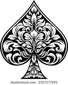 An ace of spades filigree symbol abstract playing card scroll pattern design motif in a vintage etched style