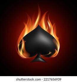 Ace of spades and fire flames. Burning poker label. Gambling, betting and casino concept. Vector illustration