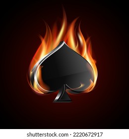 Ace of spades and fire flames. Burning poker label. Gambling, betting and casino concept. Vector illustration