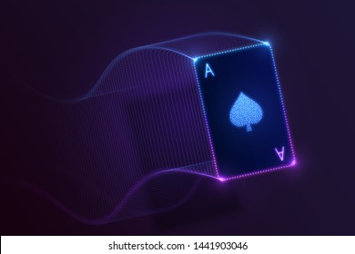 Ace Of Spades Flying, Glowing Neon Card With Lights. Vector Design 