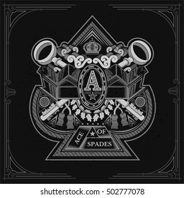 Ace of spades form with crossed keys and vintage elements inside. Design playing card element white on black