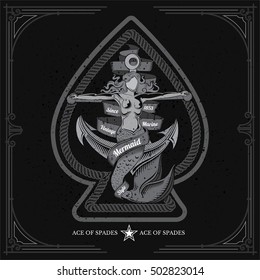 Ace of spades form with mermaid crucified on anchor inside. Design playing card element white on black