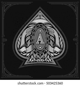 Ace of spades form with oval frame between laurel wreath and ribbon inside. Design playing card element white on black