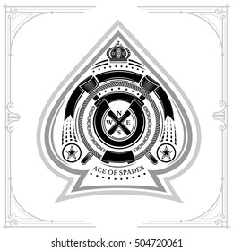 Ace of spades form with round ribbon frame and crossed signal flags inside. Marine design playing card element black on white