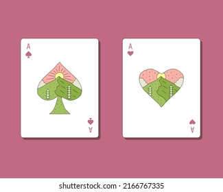 Ace of Spades and Heart Card in nature style, mountain nature wildlife outdoor