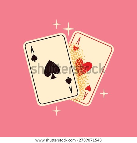 Ace of Spades and Ace of Hearts Playing Cards Vector on Pink Background; Retro Gambling for Casino Night, Poker Luck. Flat illustration design magic performance and illusion concept	