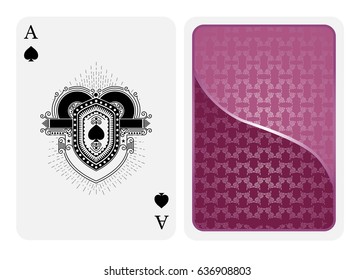 Ace of spades in line style shield face and back with pink silver texture suit. Vector card template