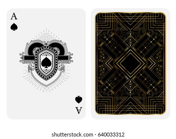 Ace of spades in line style shield face and back with golden art deco pattern style on black suit. Vector card template