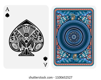 Ace of spades in motorcycle style. Face with bike motor, race flags, wheels inside spades form and back with motorcycle wheel and round pattern on blue suit. Vector card template