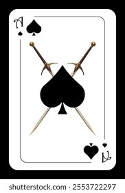 Ace of spades, original playing card design with two crossed swords. Vector illustration	