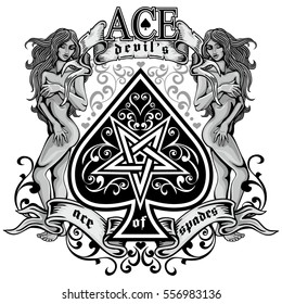 ace of spades with pentagram and antique girl