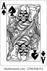 An ace of spades playing card design featuring the grim reaper or death in a vintage retro woodcut style