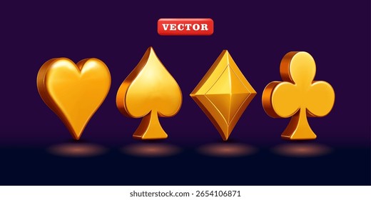Ás de espadas jogando símbolos de cartas são paus, diamantes, espadas e corações em ouro brilhante. Vetor 3d, adequado para negócios, jogos e elementos de design