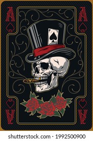 Ace of spades playing card template in vintage style with elegant decorative ornament frame roses skull smoking cigar in top hat vector illustration