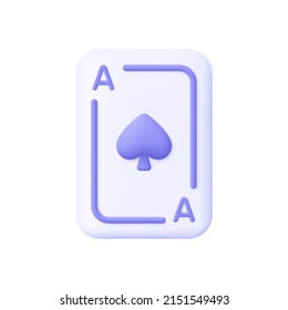 Ace of spades playing cards. Gambling, casino concept. 3d vector icon. Cartoon minimal style.