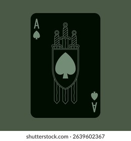 Ace of Spades, playing poker card in black design. Isolated vector illustration. Editable stroke lines.	