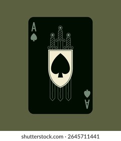 Ás de Espadas, jogando pôquer em design preto. Linhas de traçado editáveis. Ilustração isolada de vetor. Espadas e Escudo.