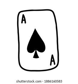 Ace of Spades poker card, hand drawn vector doodle illustration of Ace of Spades in a poker game, isolated on white background.