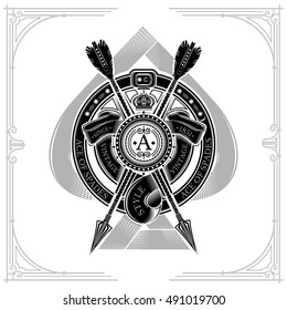 Ace of spades with round shield and cross arrow, ribbons into round belt frame. Heraldic label on white