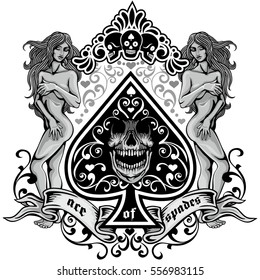 ace of spades with skull and antique girl
