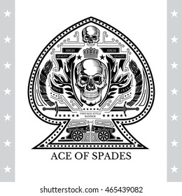 Ace of spades from skull front view between wreath and vintage weapon. Vintage heraldic label on white