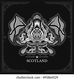 Ace of spades from thistle floral pattern and cross arrow and flags. Design element white on blackboard
