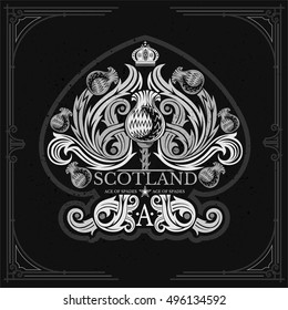 Ace of spades from thistle floral pattern inside. Design element white on black