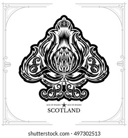 Ace of spades from thistle floral pattern and crown inside. Design element black on white