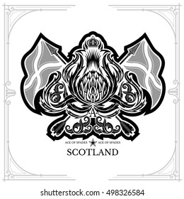 Ace of spades from thistle floral pattern and cross arrow and flags. Design element black on white