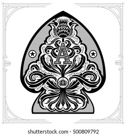 Ace of spades from thistle floral pattern with capital letter A and crown inside. Design element black on white