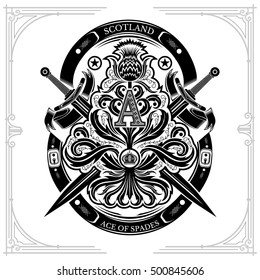 Ace of spades from thistle floral pattern with cross sword and capital letter A inside. Design element black on white