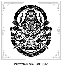 Ace of spades from thistle floral pattern with cross arrow and capital letter A inside. Design element isolated on white