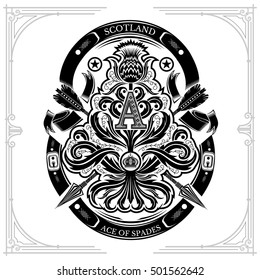Ace of spades from thistle floral pattern with cross arrow and capital letter A inside. Design element black on white