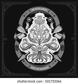 Ace of spades from thistle floral pattern with cross arrow and capital letter A inside. Design element white on blackboard