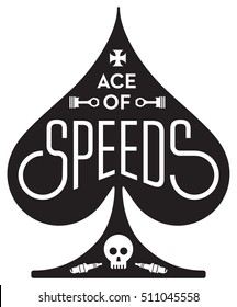 Ace Of Speeds motorcycle or car racing vector design featuring ace of spades shape with skull, pistons and spark plug.