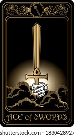 Ace of swords. Card of Minor arcana black and gold tarot cards. Tarot deck. Vector hand drawn illustration with skulls, occult, mystical and esoteric symbols.