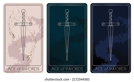 Ace of Swords. A card of Minor arcana one line drawing tarot cards. Tarot deck. Vector linear hand drawn illustration with occult, mystical and esoteric symbols. 3 colors. Proposional to 2,75x4,75 in.