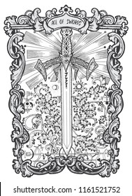 Ace of swords. Minor tarot card. The Magic Gate deck. Fantasy engraved vector illustration with occult mysterious symbols and esoteric concept