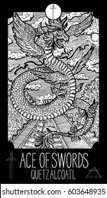 Ace of swords. Quetzalcoatl. Minor Arcana Tarot card. Fantasy line art illustration. Engraved vector drawing. See all collection in my portfolio set
