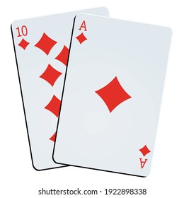 Ace and ten of diamonds  isolated on white background 
