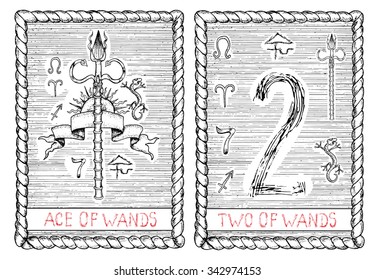 Ace and two of wands. The minor arcana tarot card, vintage hand drawn engraved illustration with mystic symbols. 