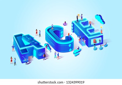 Ace Vector Isometric Illustration Digital Cloud System. Little Men Running Around Letters Girl Works with Transparent Touchscreen. Data Analytics Education System New Technologies Development City.